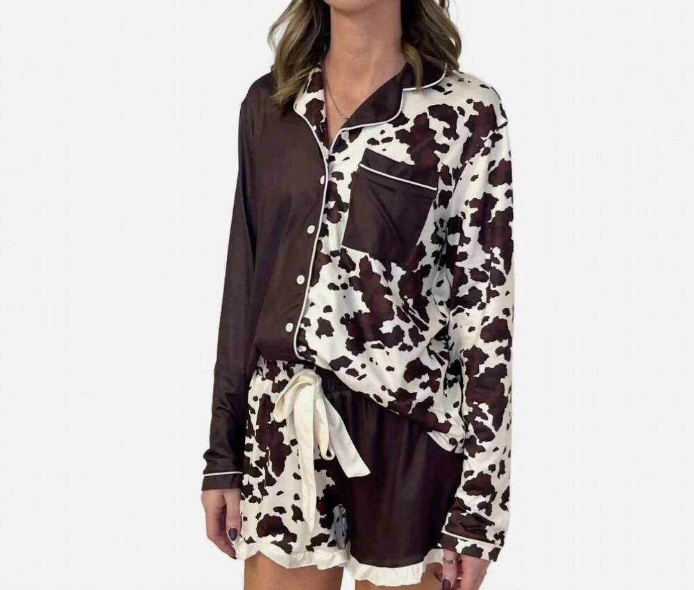NEW JESS LEA western ruffle cow print pajama set - plus in brown